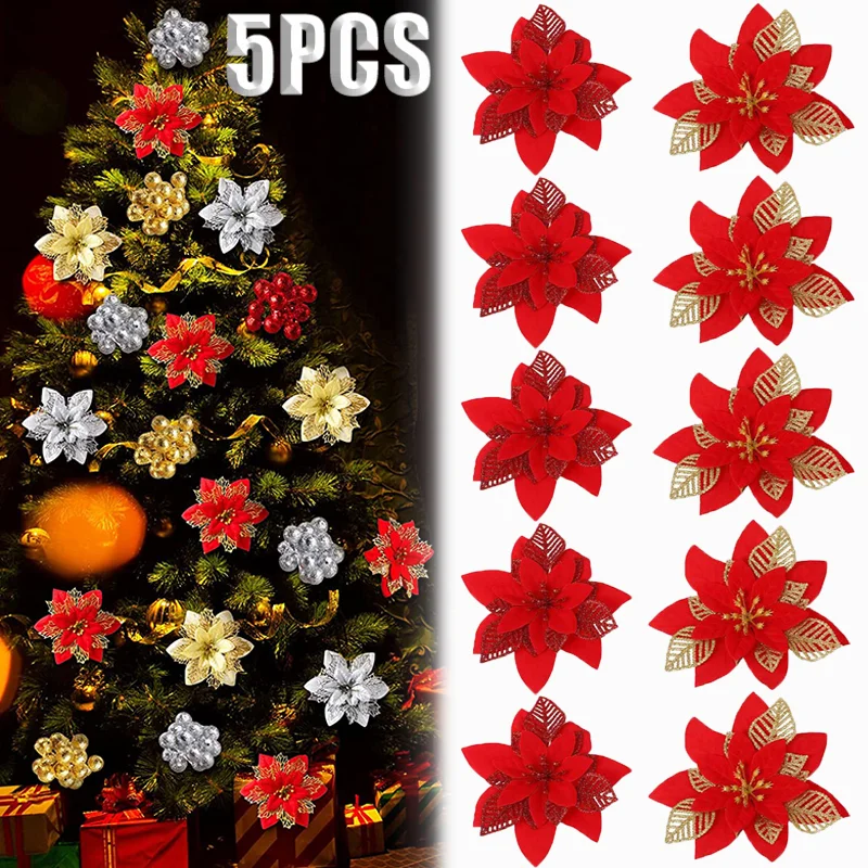 5 SZTUK brokatowych sztucznych kwiatów bożonarodzeniowych Ozdoby choinkowe Wesołych Świąt Dekoracje imprezowe do domu Prezenty noworoczne