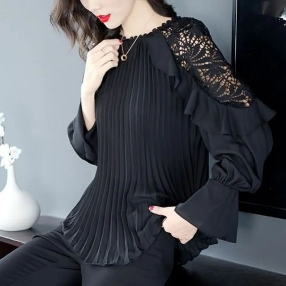 Spring and autumn mid-length  long-sleeved ruffled chiffon shirt black hollow crochet striped pleated  shirt women