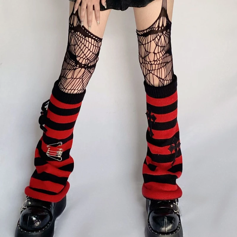 Y2K Gothic Women Girl Dark Cross Spider Knitting Leg Warmer Socks Ladies Hip hop punk Leg Warmers Foot Socks Ankle Warmer