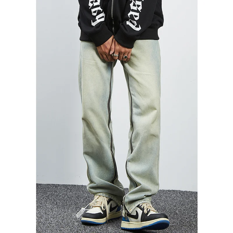Men's Wear Fashion New Pattern Vintage Recreational Light Blue Jeans Loose Straight Cylinder Inside Zipper Trousers Autumn Women