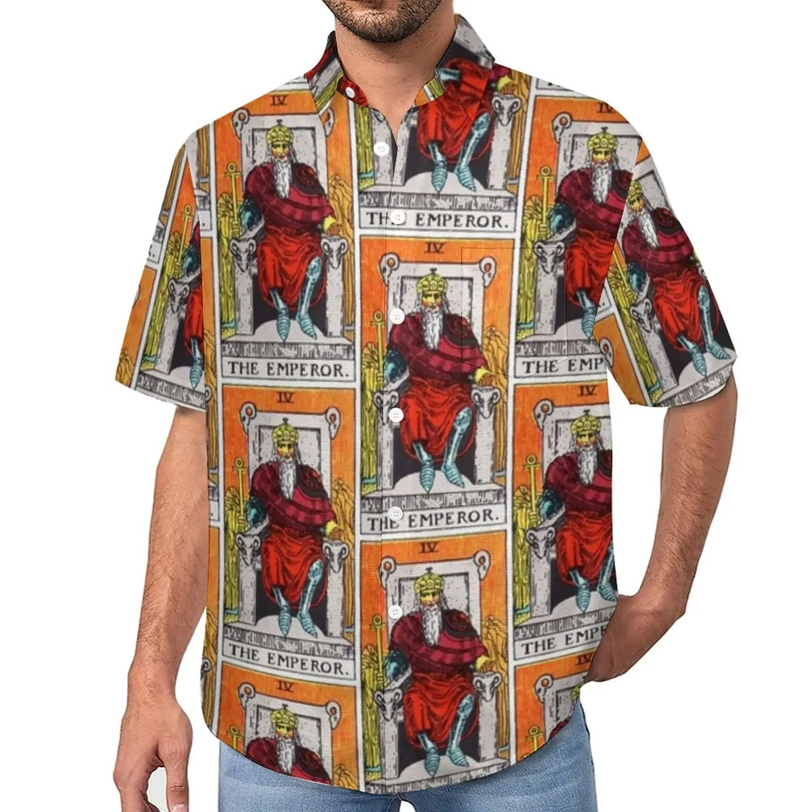 

The Emperor Tarot Loose Shirt Man Vacation Vintage Print Casual Shirts Hawaiian Custom Short Sleeve Trending Oversized Blouses