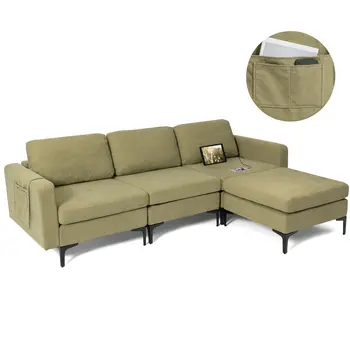 Costway Modular L-shaped Sectional Sofa w/ Reversible Chaise & 2 USB Ports Green