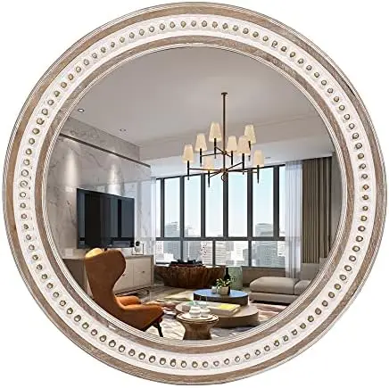 

Wooden Farmhouse Round Mirror - Decorative Mirrors for Living Room, Foyer, Bedroom, Entryway, Rustic Bathroom Accent Circle Mir