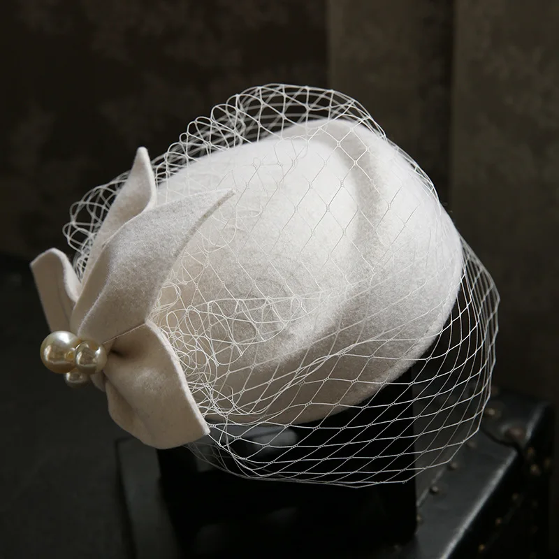 

French Vintage Mesh beret Woolen Small Top Hat Wedding Dress Party White Bridal Headdress