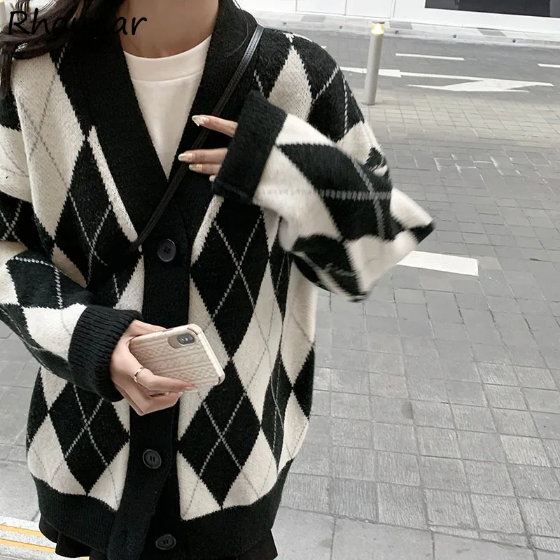 

Cardigan Women Argyle Sweater Knitted Aesthetic Preppy Young Kawaii Teens Loose Casual Vintage Ulzzang Female V-neck Tender Ins