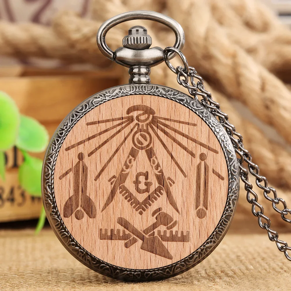 

Retro Beech Wood Pocket Watch Vintage Masonic Freemasonry Quartz Fob Watches Pendant Necklace Chain Clock Antique Best Gifts