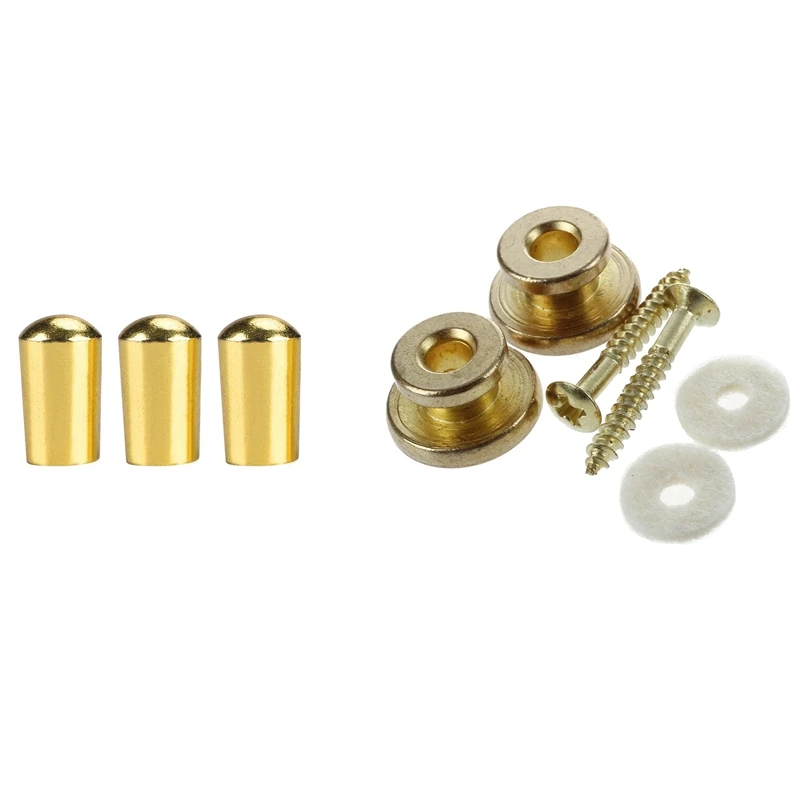 

2 Set Guitar Accessories: 1 Set Golden Strap Button With Mounting Screw & 1 Set 3 Way Toggle Switch Knob Tip Cap
