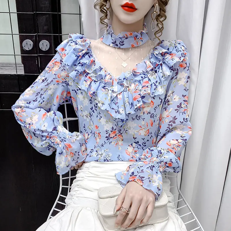 

Блузка женская шифоновая с цветочным принтом, повседневный кружевной топ в стиле пэчворк, универсальная рубашка, G557