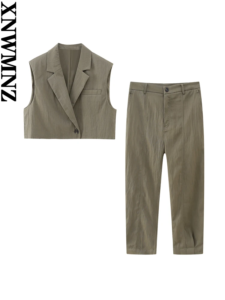 

XNWMNZ Women's Fashion 2023 Autumn Crop Waistcoat or High Waist Zipper Pants High Street Female Chic Two Piece Set