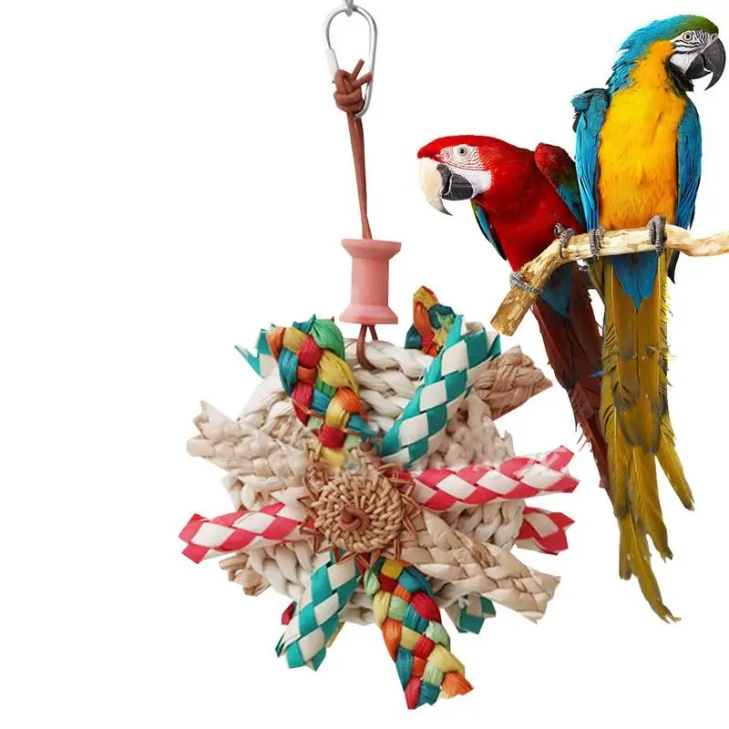 

Игрушка из соломы для птиц, жевательные игрушки для формования, красочный маленький попугай, зеркальные игрушки для измельчения, металлический крючок, соломенная игрушка для измельчения