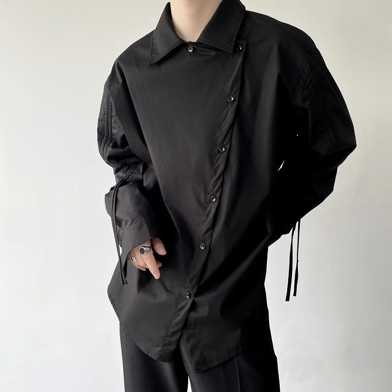 Trendy Men's Loose Long Sleeved Shirt Spring Fashion Fashion Asymmetric Oblique Placket Personalized Drawstring Design Shirt