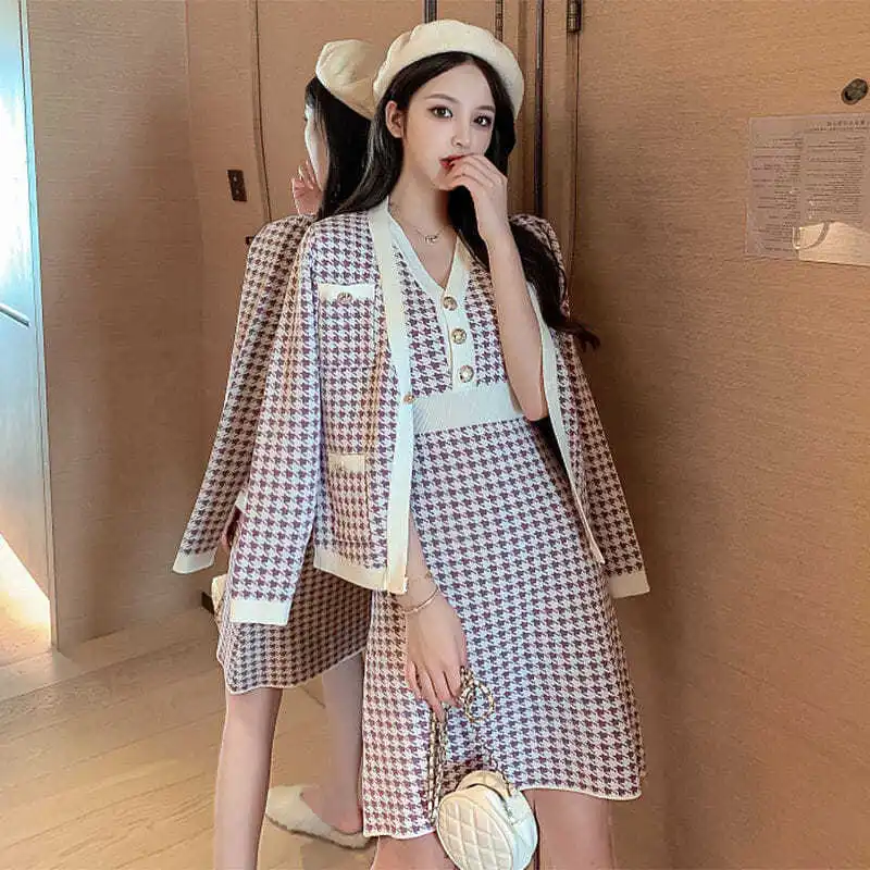 

Spring Women's Suit Long Dress Sets Female Plaid Sweater Top and V-neck Dresses Two Piece Set Casual Elegant Knitted Suit G318