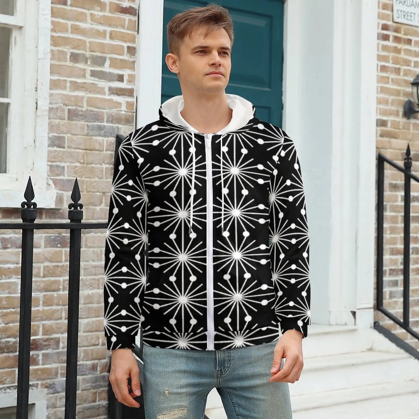 

Abstract Geometry Hoodies Black and White Winter Polyester Hoodie Stylish Zip Up Hoodie For Men Plus Size 5XL