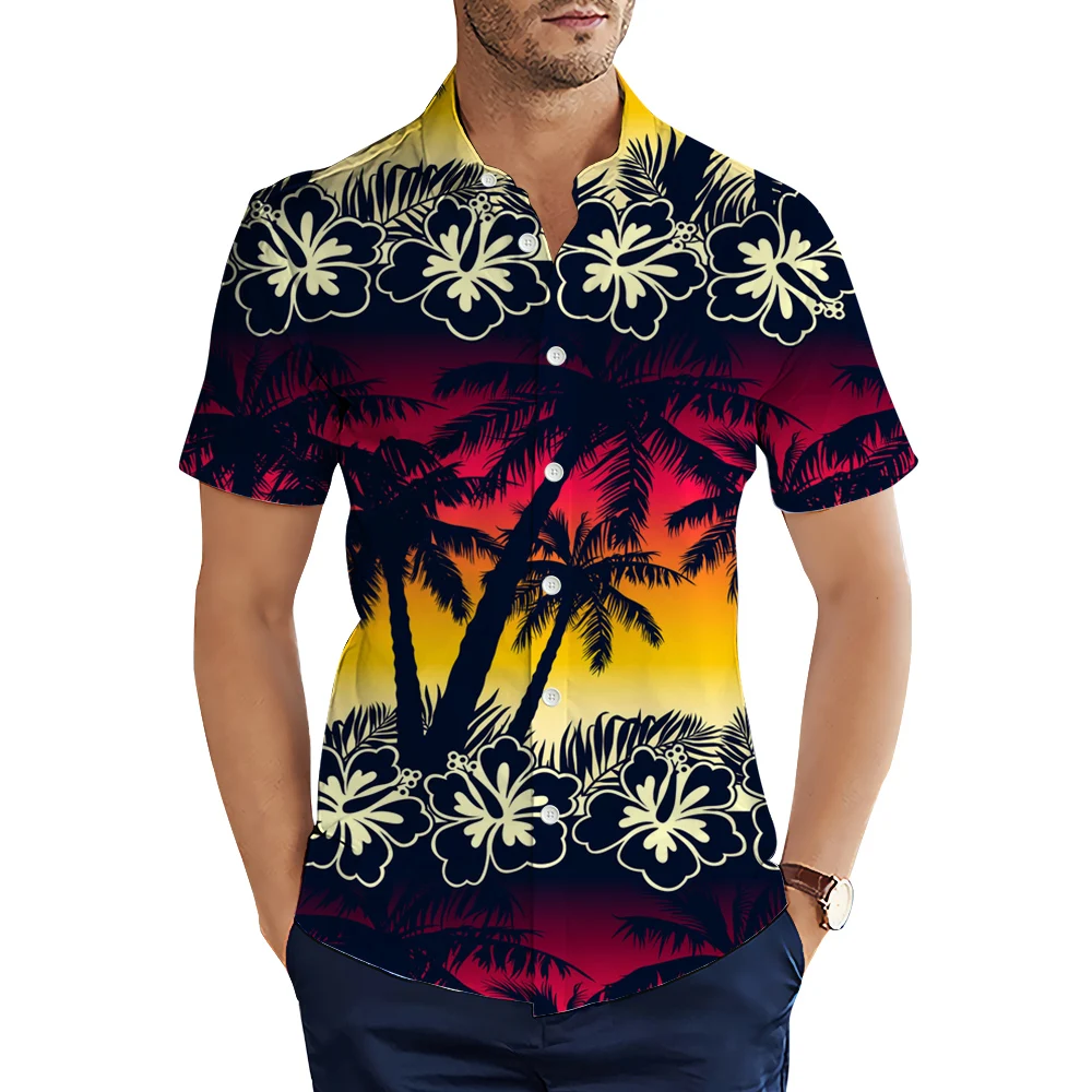 HX Fashion Mens Shirts Coconut Tree Hibiscus Flower 3D Printed Short Sleeve Shirt for Men Summer Casual Beach Tops Camisas