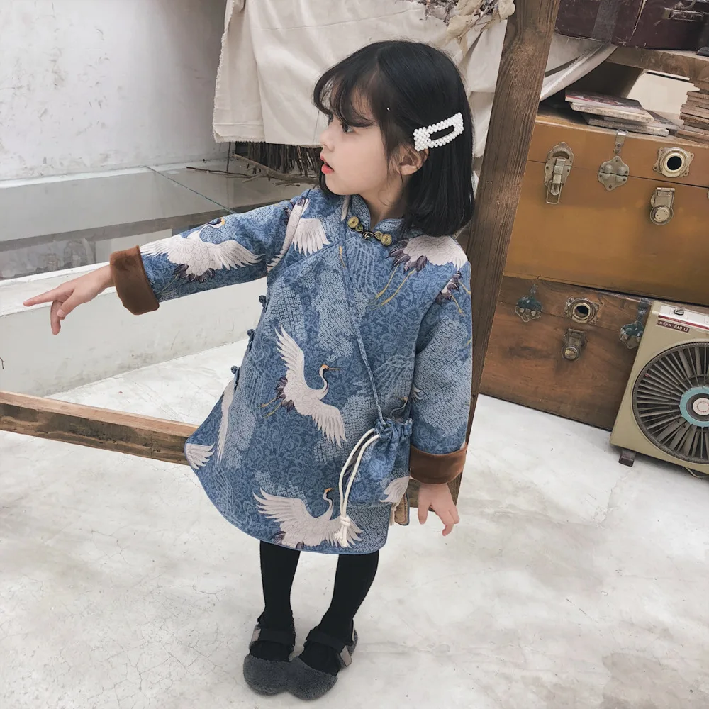 

Chinese Traditional Dress For Gilrs Crane Blue Denim Print Hanfu Tang Suit For Kids New Year Outfit Winter Pink Princess