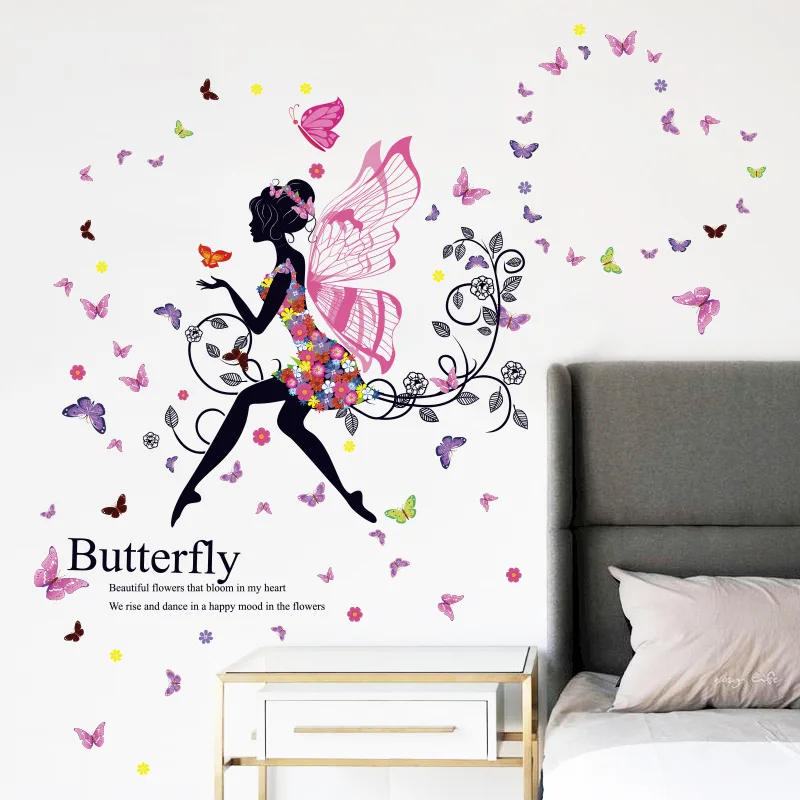

Colorful Flying Butterfly Girl Fairy with Wings Wall Stickers Girl Room Decoration Wall Decals Home Decor Decorative Stickers