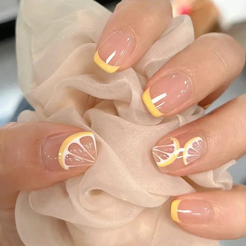 

24Pcs/Set Lemon Short Fake Nails French French Style Fashion INS Nail Arts Manicure False Nails With Design For Nails Extension