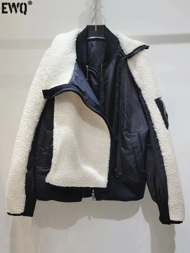 

[EWQ] Толстая куртка контрастных цветов из овечьей шерсти с отложным воротником и длинным рукавом на молнии, верхняя одежда, пальто, женская одежда, зима-осень 2023, 16U5827