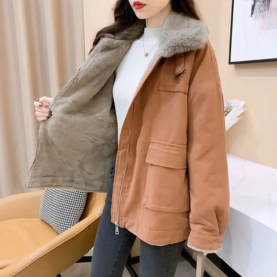 2023 New Winter Long Sleeve Jacket Parka Fleece Lined Warm Thicker Plus Size Korean Fashion Loose Zipper Snowsuit Coat