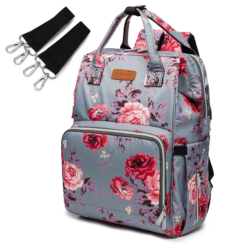 

Floral Pattern Mummy Bag Multi-functional Large Capacity Cross-body Hot Double Shoulder Bag With USB Charging Port Handbag