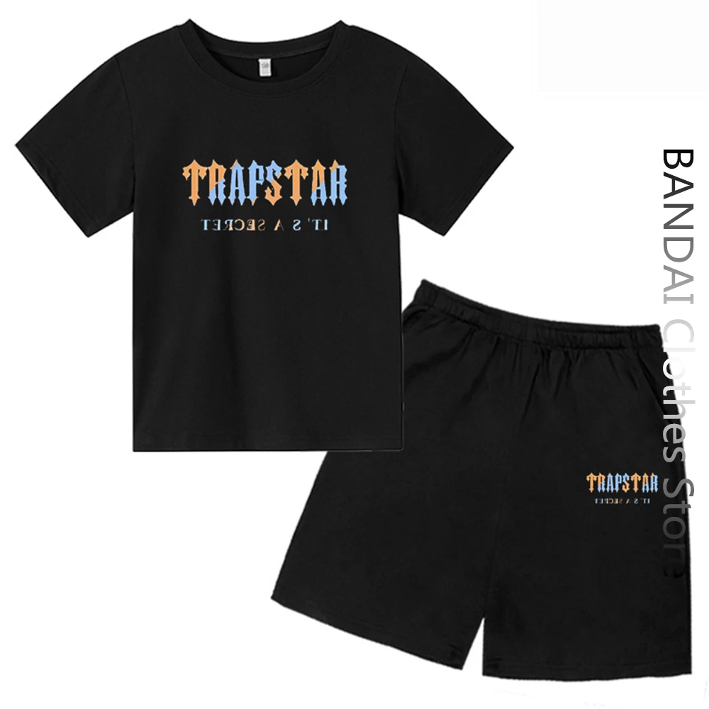 

2023 New TRAPSTAR Kids Clothing T-shirt NBA Tracksuit Sets Harajuku Tops Tee Funny Hip Hop Color T Shirt+Beach Casual Shorts Set
