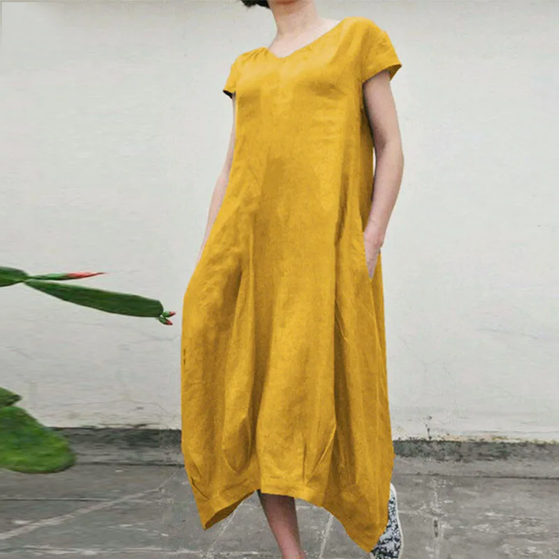 

Женское льняное платье-миди с коротким рукавом, длинным карманом и V-образным вырезом