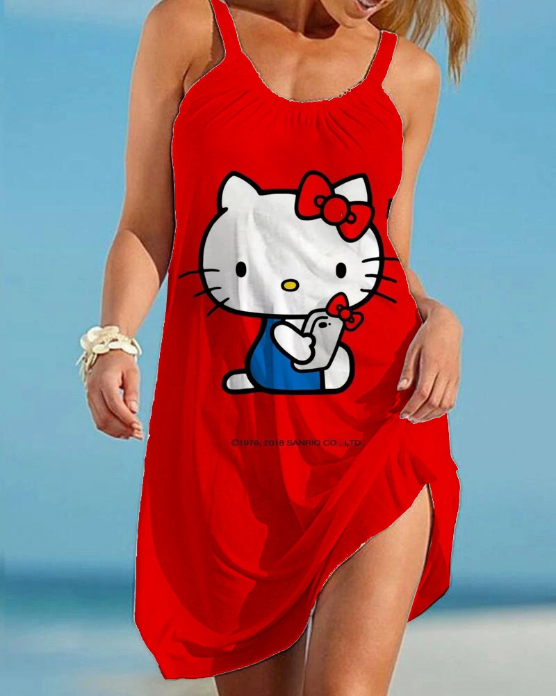 

Женское пляжное платье-бикини Hello Kitty, повседневное летнее платье на бретелях с 3D-принтом, без рукавов, 2023