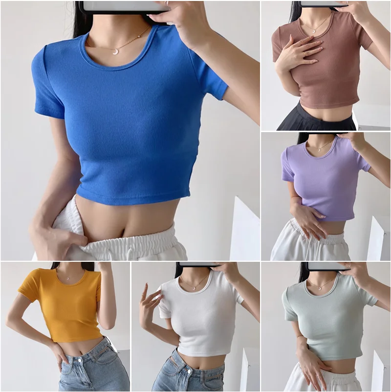 

2022 Solid Sexy Slim Short Woman T-shirt Short-sleeve Cross Rubber Backless High-waisted Crop Tops Vest
