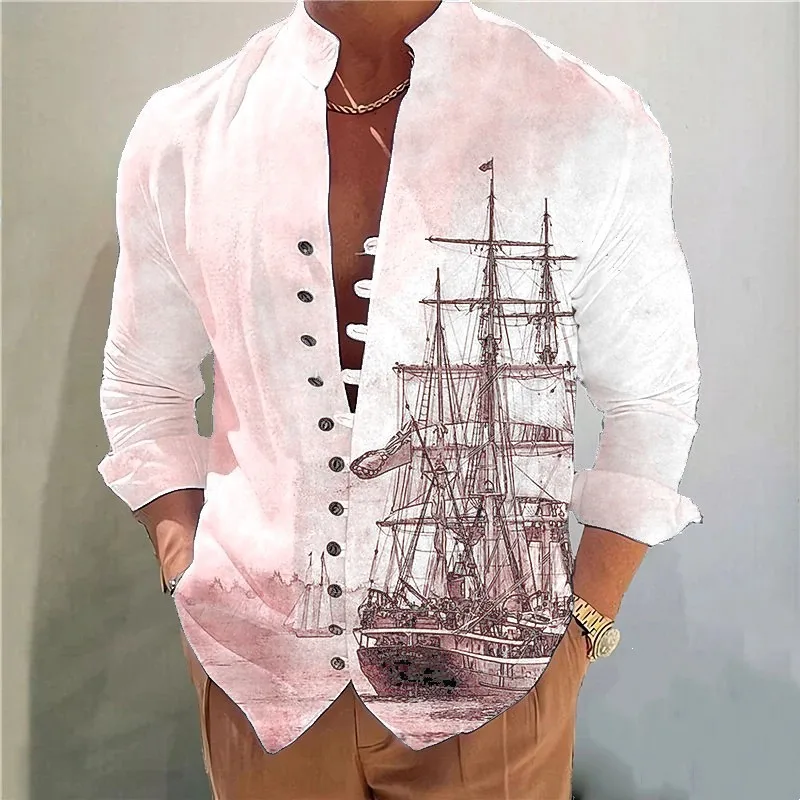 

2023 Sailboat 3d printed collarless men's shirt Hawaii Beach long sleeve casual fashion men's shirt