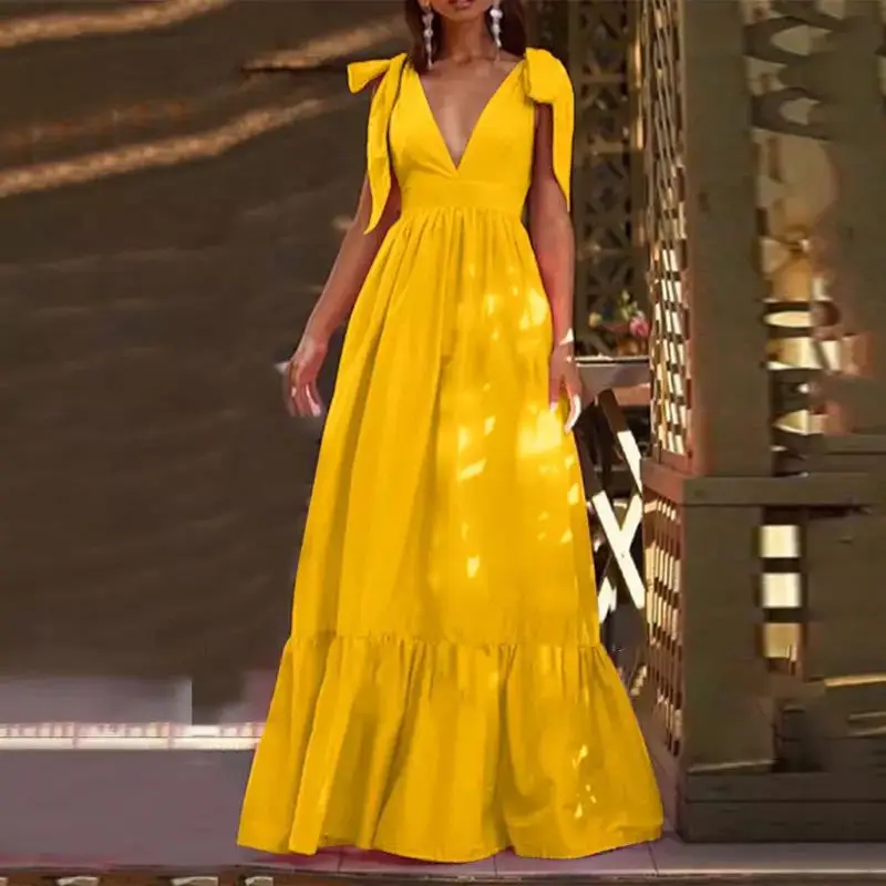 

Women's Sexy V-Neck Splicing Bandage Vest Dress 202 Summer New Sleeveless Yellow High Waist Sweet Birthday Party Long Dress