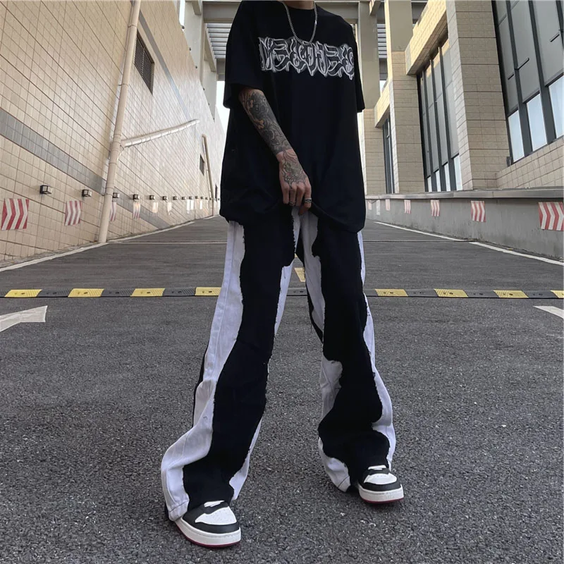 Couple Casual Pants High Street Functional Micro-Flare Pants Men's Slim Street Fashion Pants INS Hot Sale Patchwork Jeans JEANS