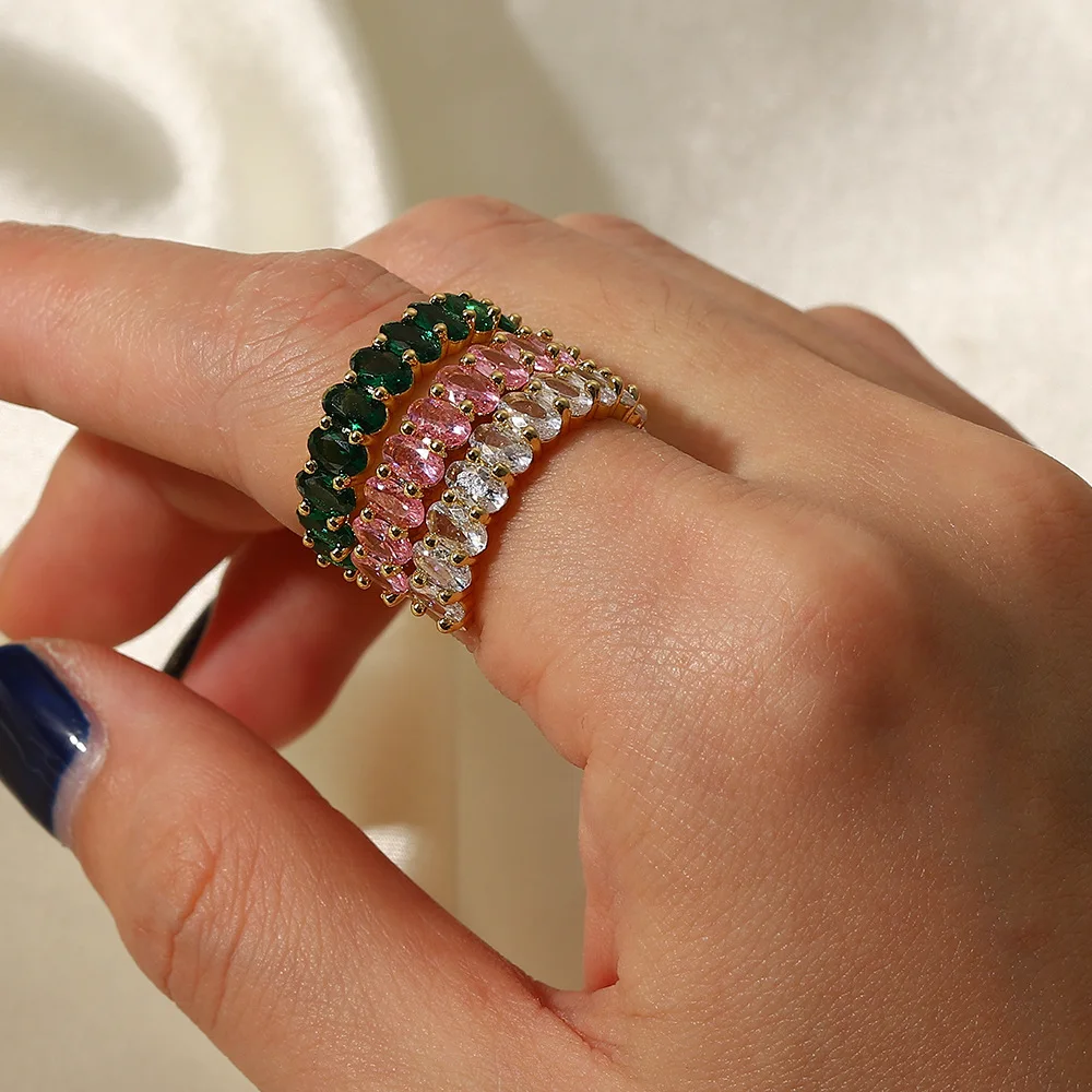 

INS Niche Women's Fashion All-Match 18K Copper Inlaid Oval Pink/Green/White Zirconium Open Ring