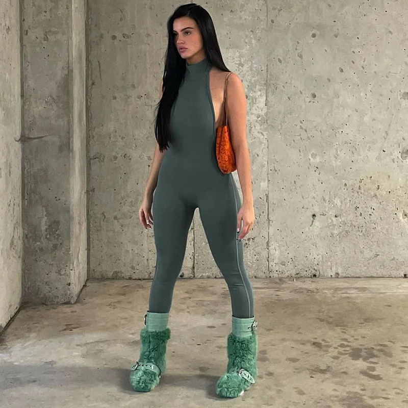 

2022 New Spring And Summer Fashion Women's Wear Solid Color Sleeveless Round Neck Open Back Slim One-piece Pants