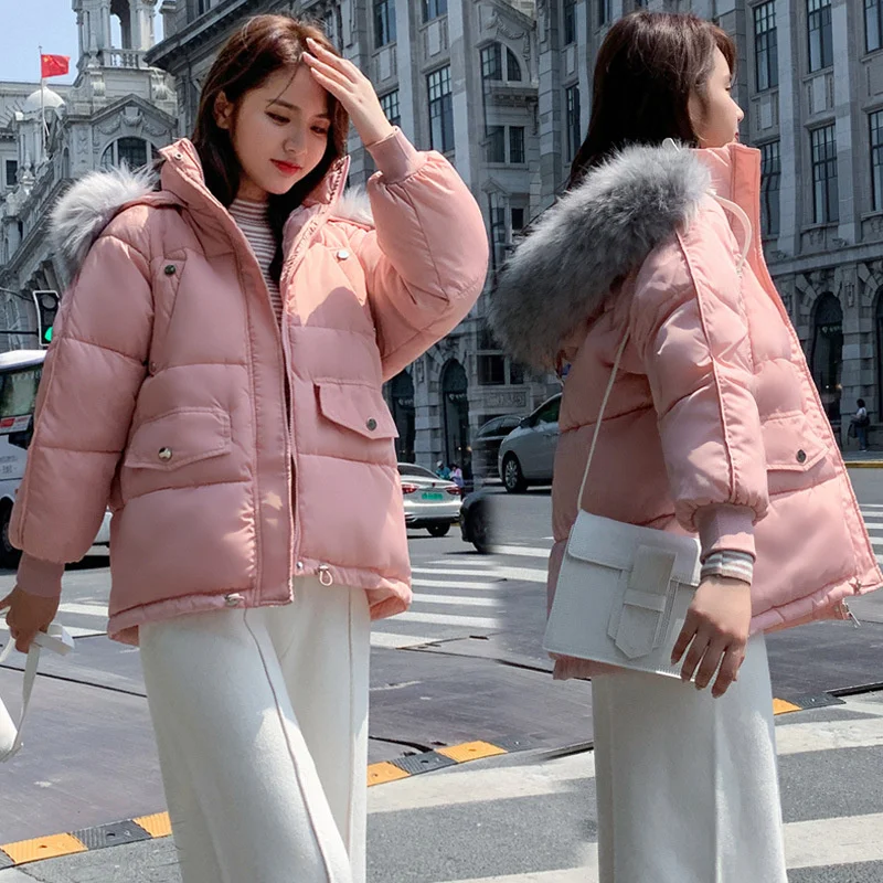 

2022 Winter Womens Thick Down Cotton Pad Jackets Warm Fur Collar Overcoat Fashion Hooded Clothing Female Snow Outwear Pink Coats