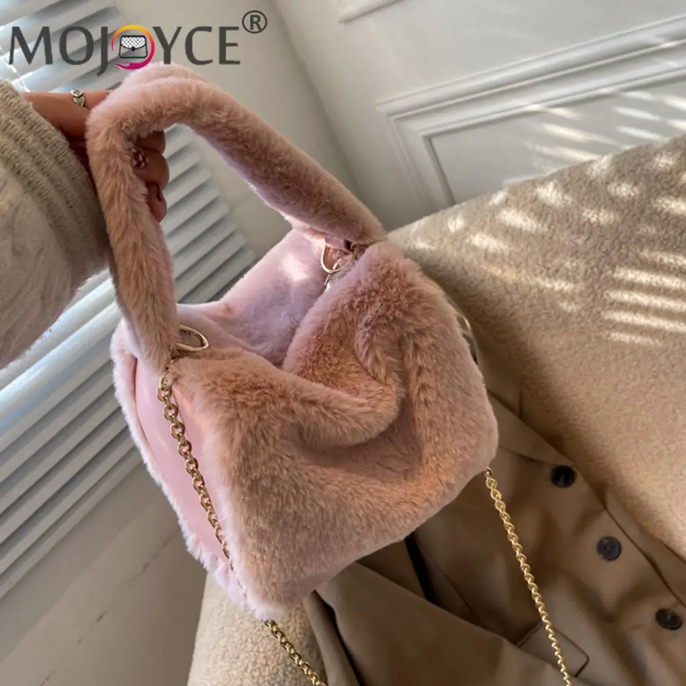 

Fashion Soft Plush Fur Solid Color Top-handle Bag Causal All-match Fluffy Zipper Square Thin Chain Shoulder Crossbody Bags