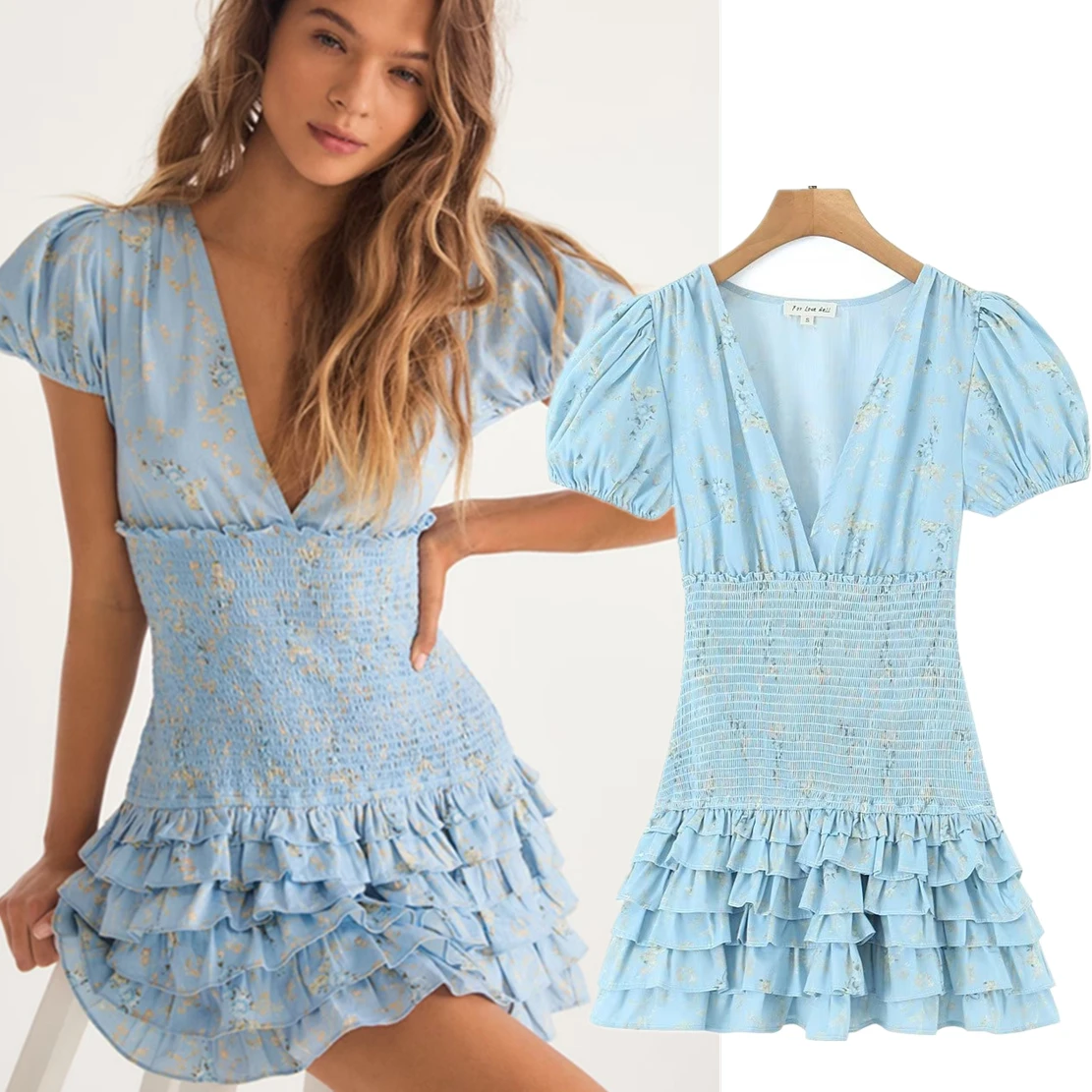 

Dave&Di 2023 Summer Dress Indie Dress Women Folk Vintage Bubble Sleeve Printed Layered Fashion