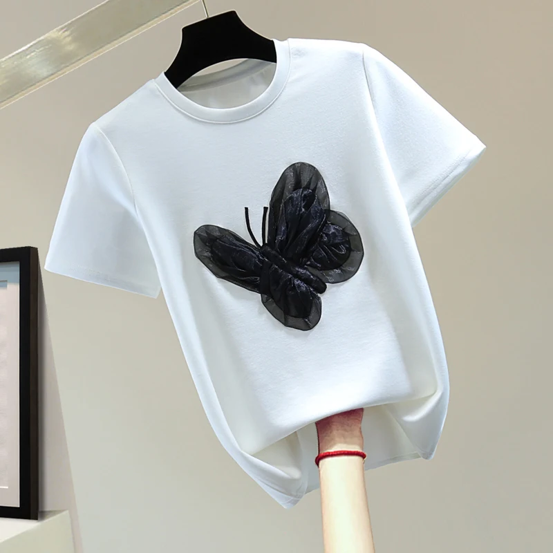 

Футболка с вышивкой бабочки, Новинка лета 2023, футболки в Корейском стиле, повседневный Приталенный топ контрастных цветов с круглым вырезом, Женская свободная футболка