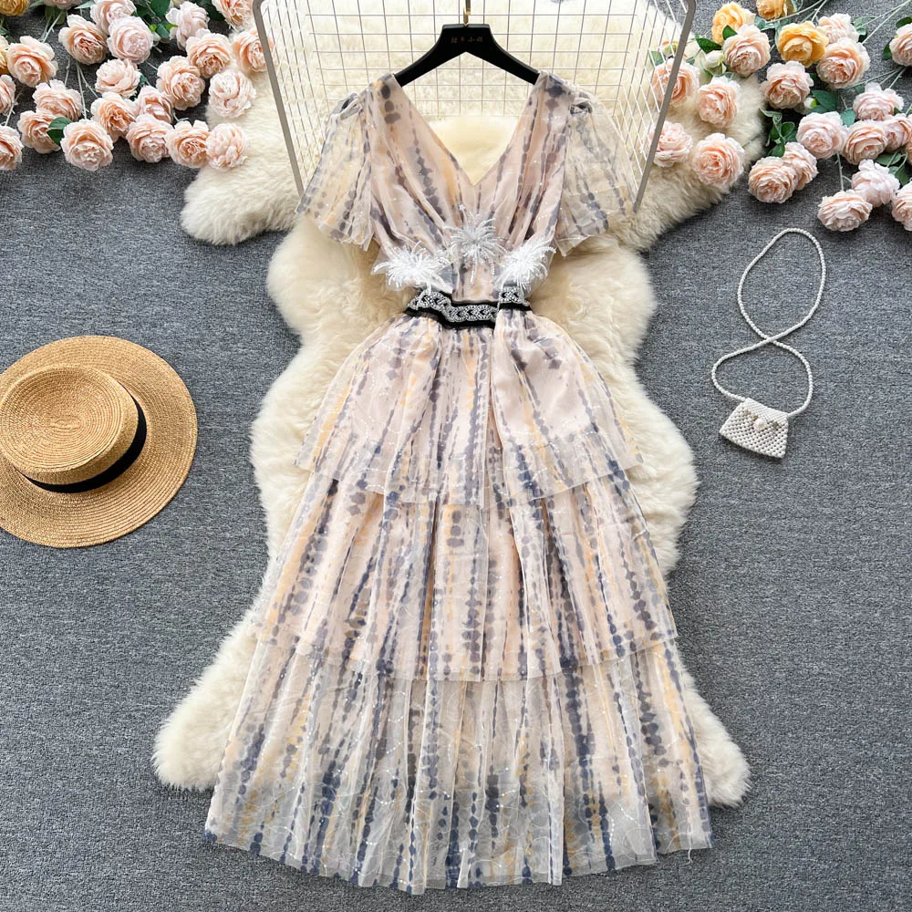 

Women's Summer French Mesh Beaded Ruffle V-Neck A-line Dress New Fashion Short Sleeve Print Elegant Party Vestido Feminino K571