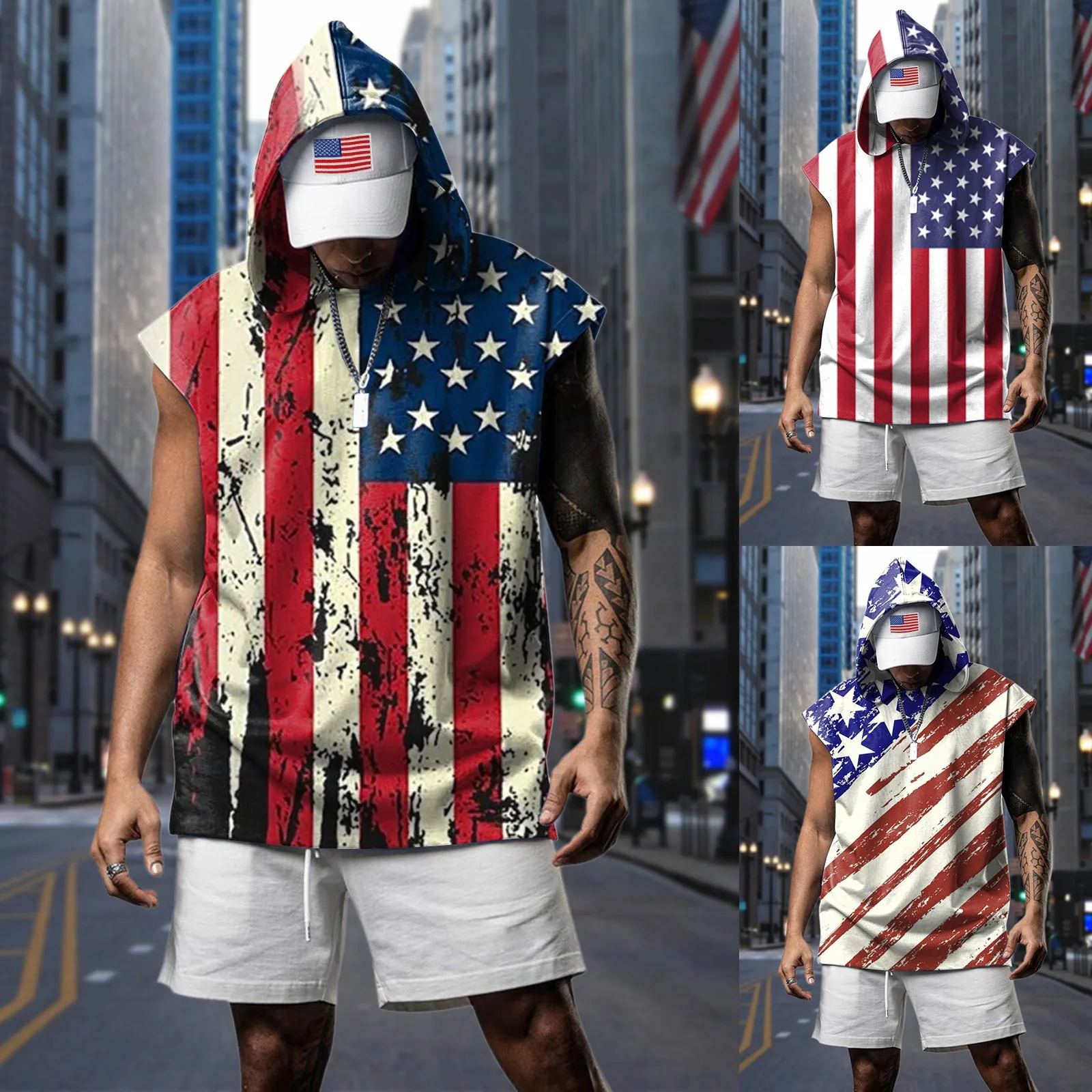 

Футболка мужская повседневная Спортивная безрукавка с капюшоном и флагом на День Независимости