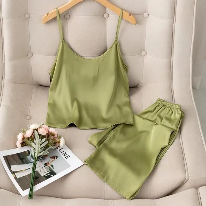 

Two Pieces Camisole&Pants Sleep Suit Womens Satin Pajamas Lace Sleepwear PJS Set Summer Loungewear Intimate Lingerie