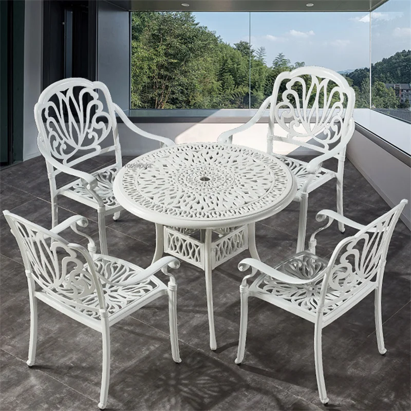 

European-style Villa Balcony Leisure Table and Chair White Simple Outdoor Table Aluminum Furniture Garden Iron Table Waterproof