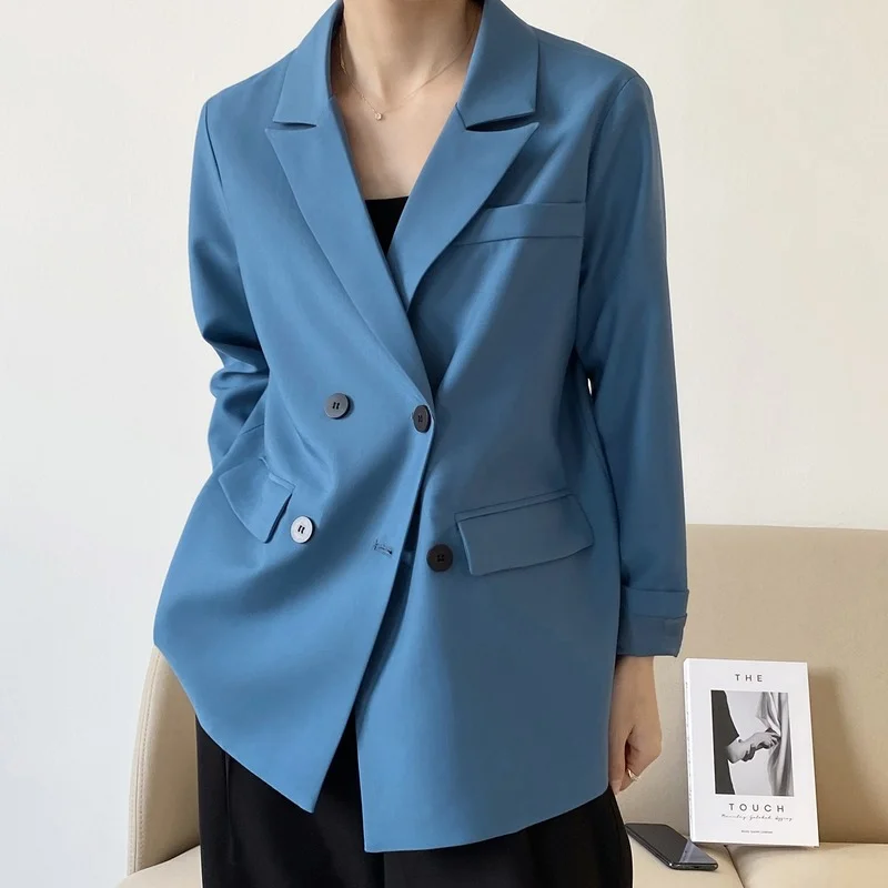 2023 Women Oversized Basic Black Suit Jacket Loose Long Sleeve Casual Blazer Top V-neck Double Breasted Caedigan Coat Clothes