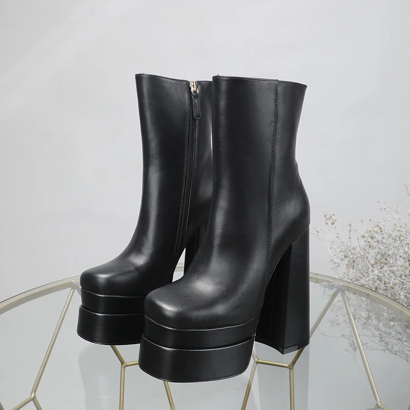 2023 Autumn/Winter Black Brown Genuine Leather High Boot Fashion Party Thick Heel High Heel Side Zipper Brand Women's Boots34-42