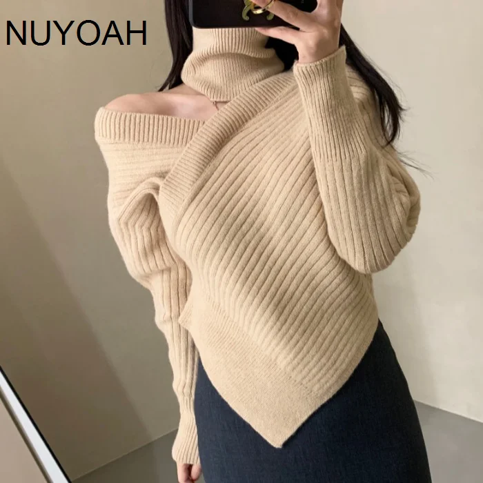 

Women's Pullover Korean Chic Design Elegant Unilateral Thickened Shoulder Pullover Sweater Female