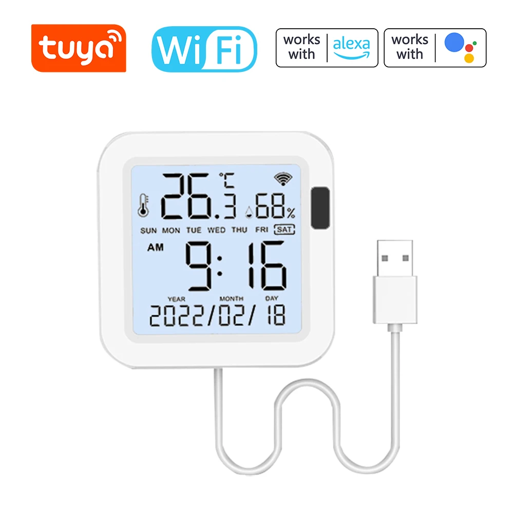 

Tuya WiFi Digital Thermometer Thermoregulator Temperature and Humidity Sensor Meter Time Date Week Display USB Power Supplys