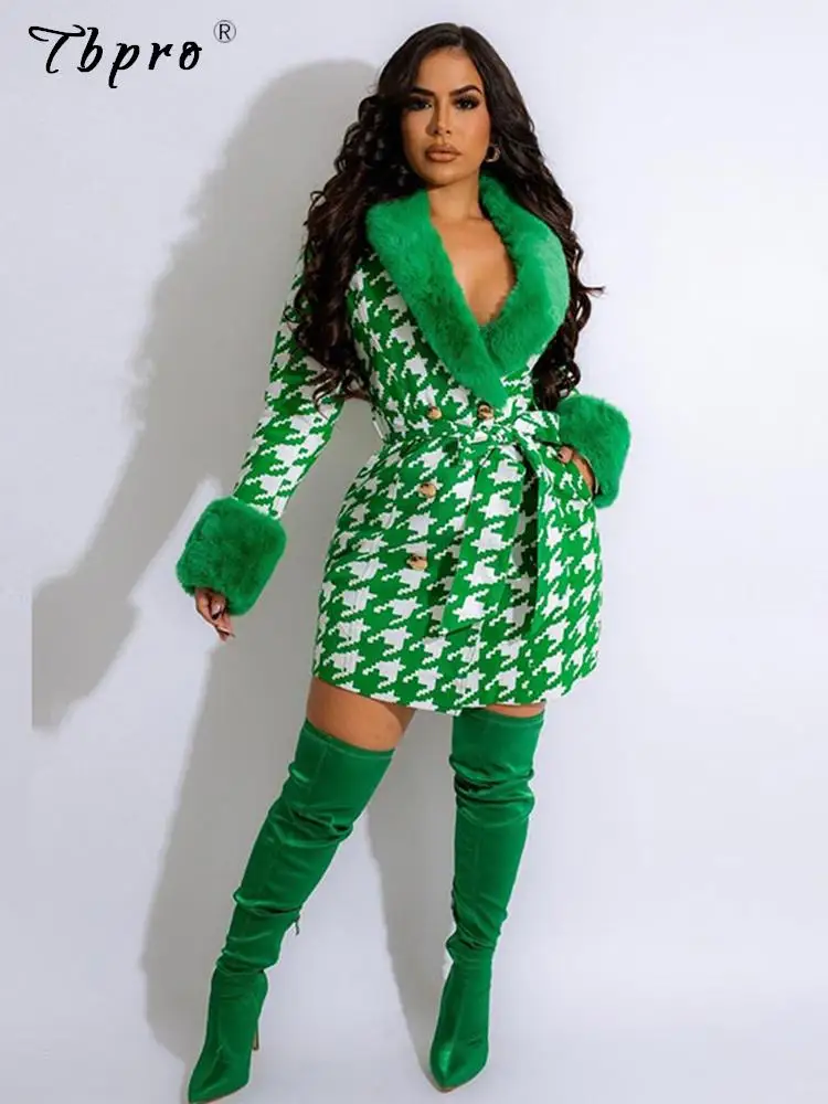 

Зимнее винтажное пальто средней длины с принтом из искусственного меха, накидка, пальто, классическое двубортное пальто с поясом, длинное п...