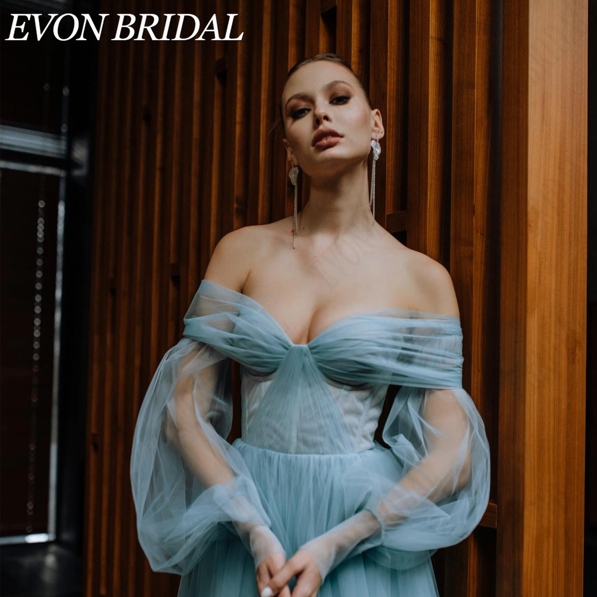 Фото EVON BRIDAL Элегантное вечернее платье открытые плечи из тюля корсет пышные рукава для гостя свадьбы на заказ легкая романтичная силуэт полупрозрачные слои и мягкие объемы нежная воздушная текстура создает уникальный №3
