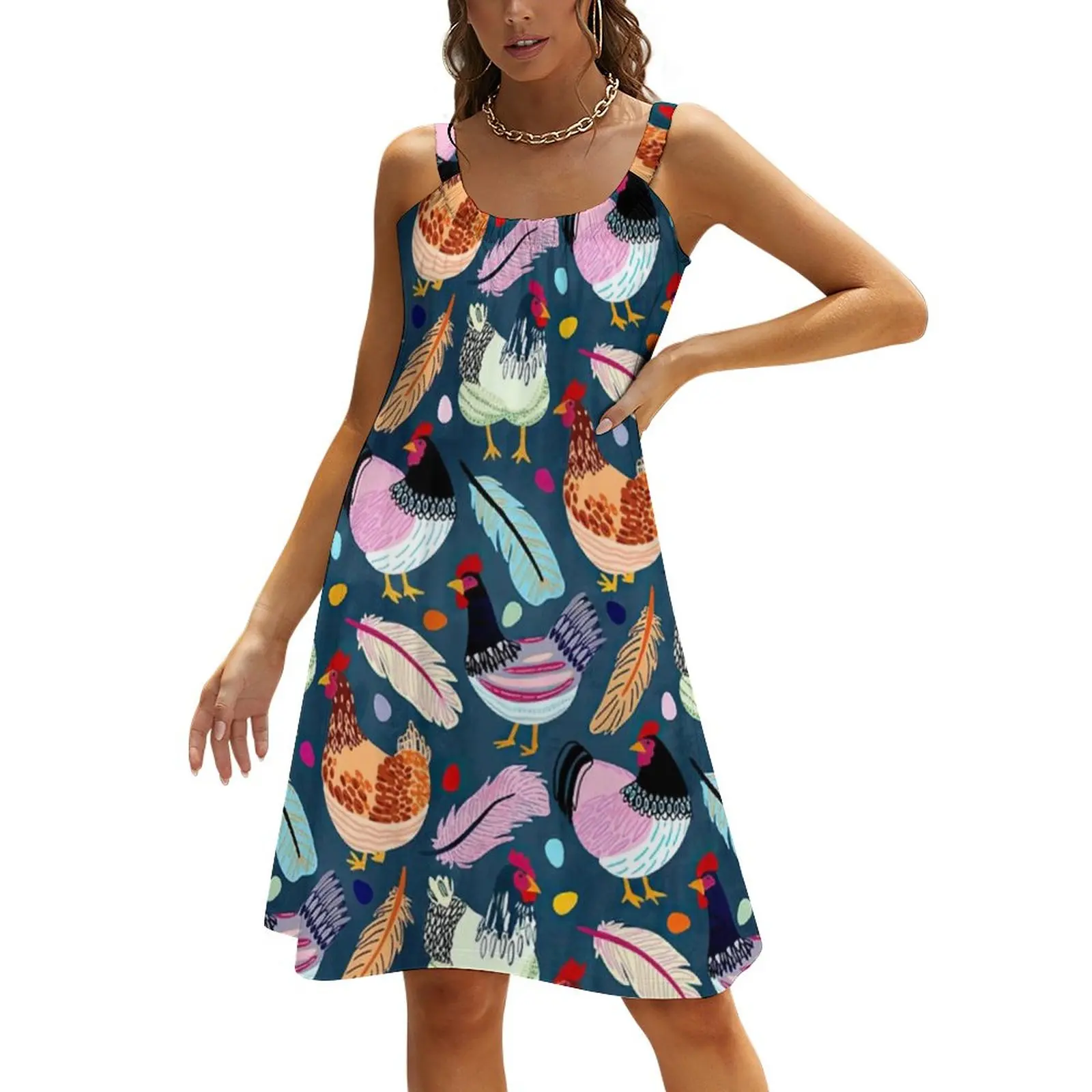 Colorful Chicken Dress Farm Animal Print Streetwear Dresses Spring Graphic Boho Beach Sundress Sleeveless Clothes 3XL 4XL 5XL