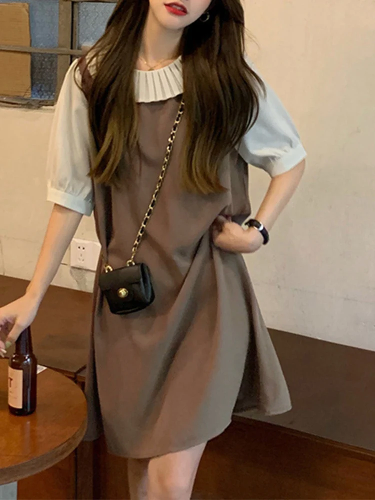 

VONDA Y2K Oversized Short Sleeve Holiday Robe Crew Neck Patchwork Sundress Stylish Women Casual Pleated Short Party A-Line Dress