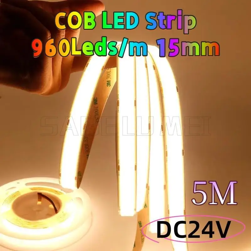 Фото DC24V 960Leds/M Трехлинейная светодиодная лента Cob 15 мм Люминесценция большой площади Высокая яркость Свет для умного дома 25 Вт/м Домашняя спальня Вечеринка №1